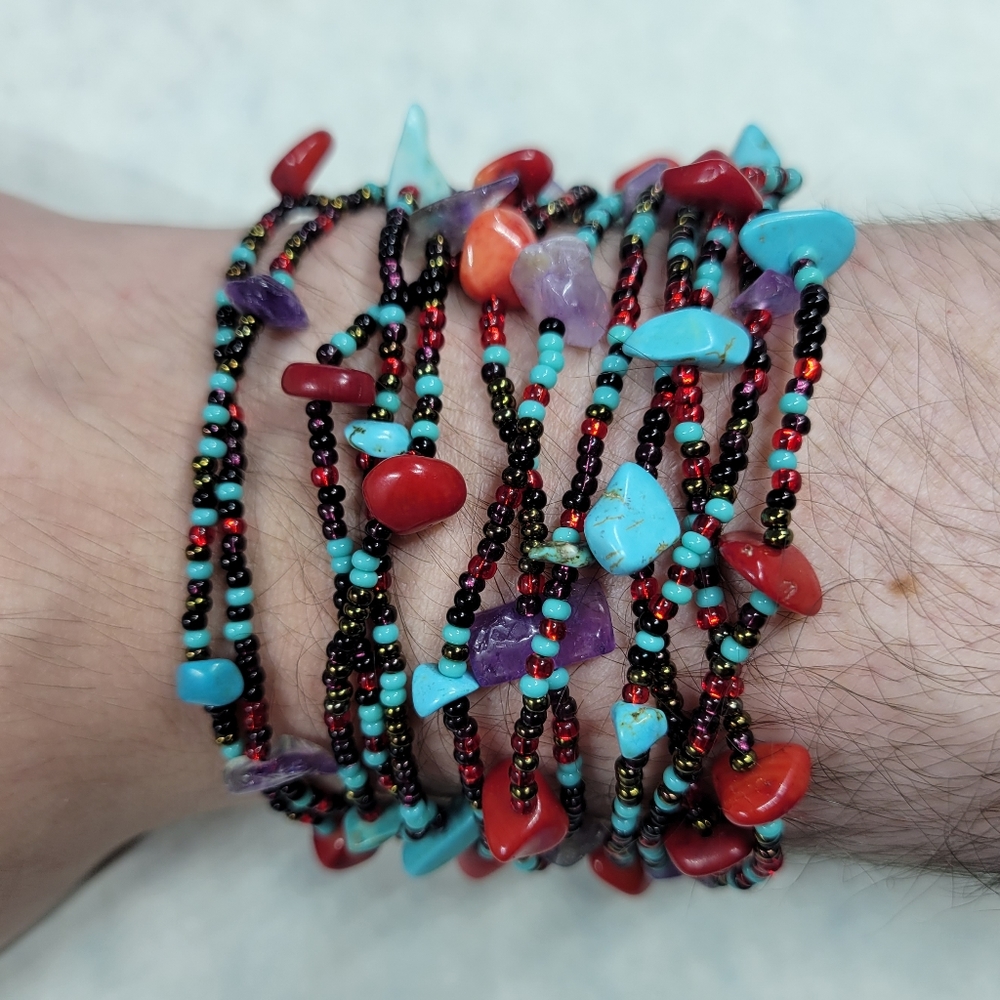 Faux turquoise, garnet, and amethyst beaded magnet clasp bracelet